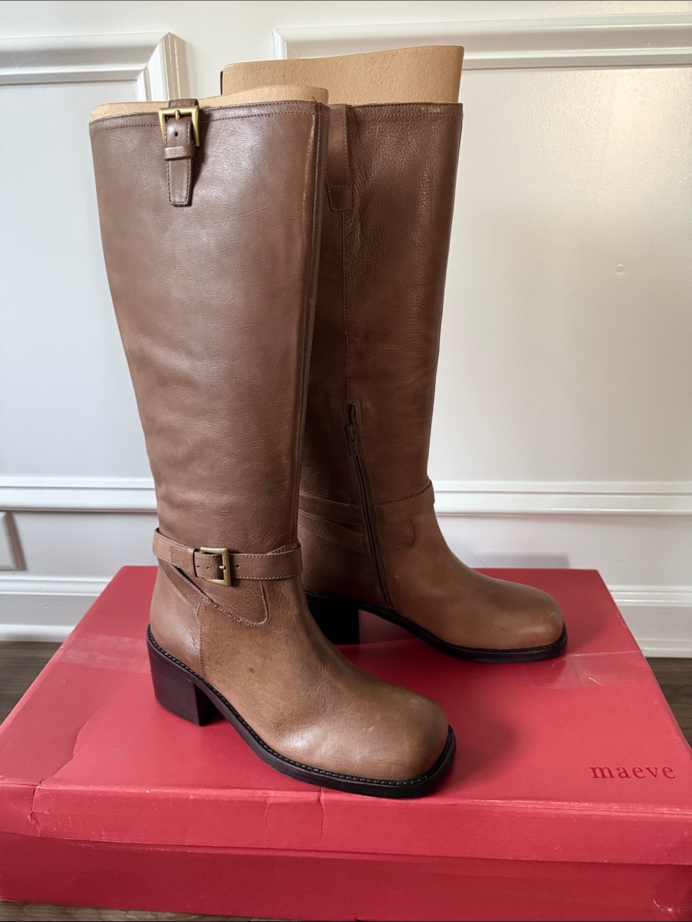 Maeve Anthropology Tall Mod Buckle Block-Heel Boots Taupe Eur 40 US 9 New In Box
